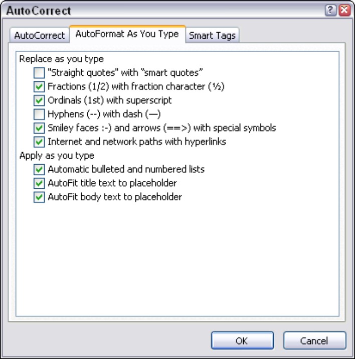 Figure 4-11: Punctuation esoterica in the AutoCorrect dialog box.